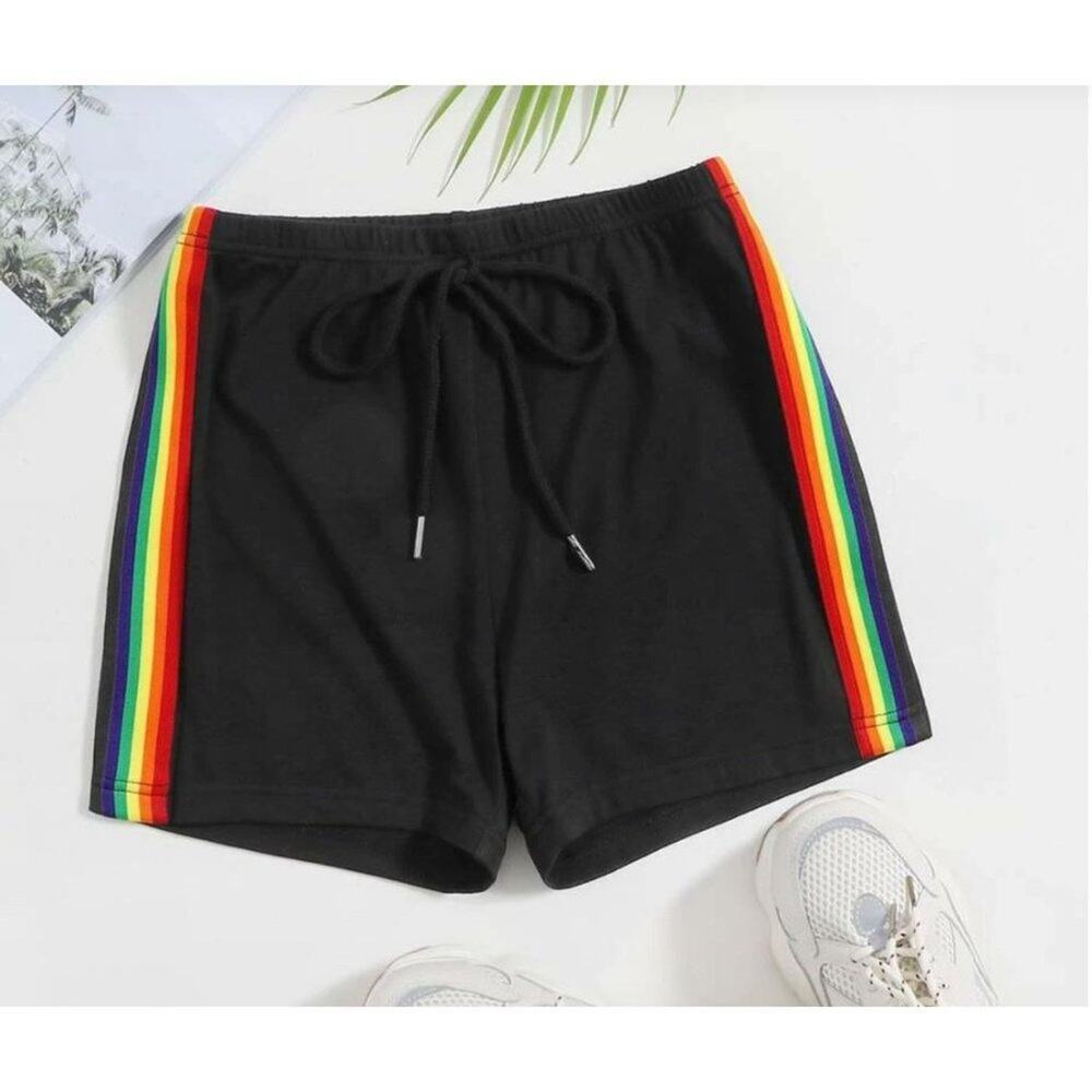 SHEIN sz 4 black‎ rainbow 70s inspired drawstring shorts
